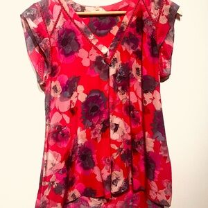 Rebecca Taylor Red and Pink Floral V-Neck Blouse